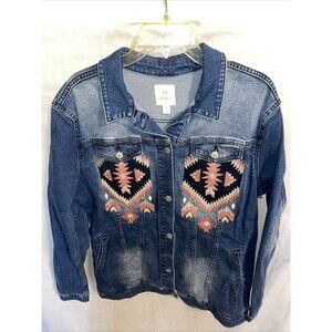 LuLaRoe Denim Jean Jacket with Coral & Black Aztec Embroidery